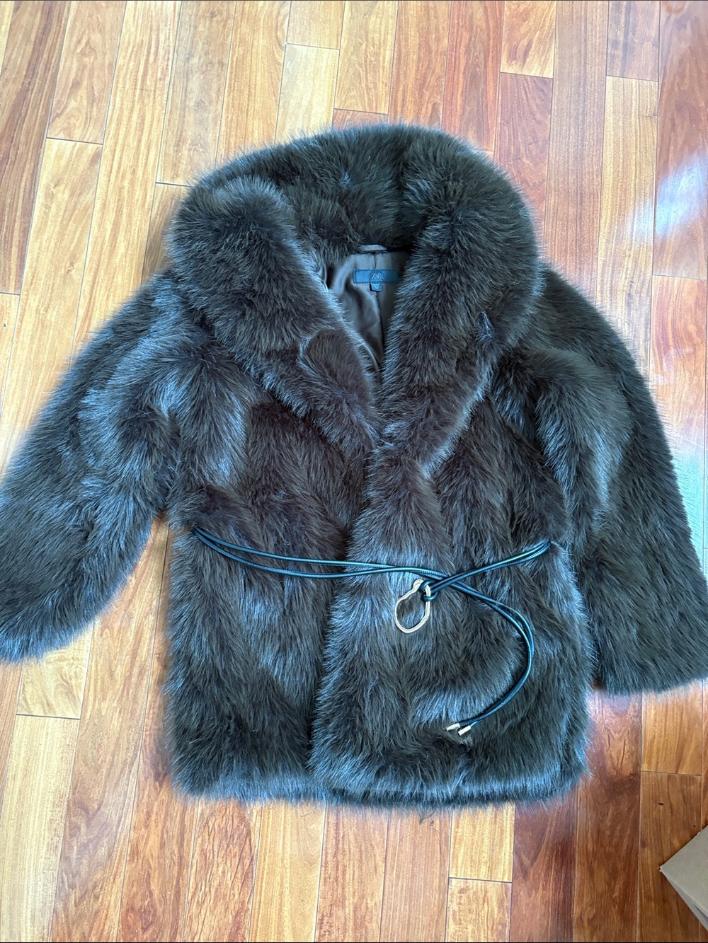 Zara faux fur brown Coat with belt - Picture 4 of 6